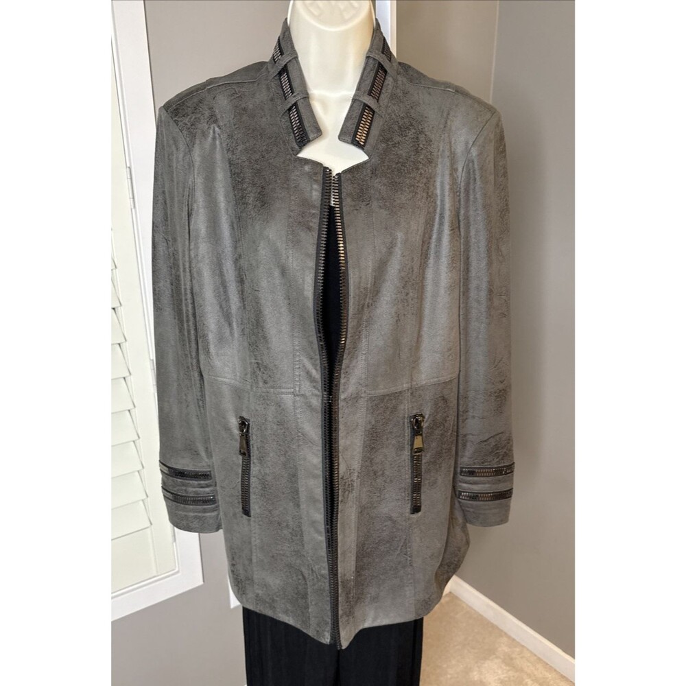 Joseph Ribkoff Green Military Jacket SZ LG hook closure Designer Faux Suede $229